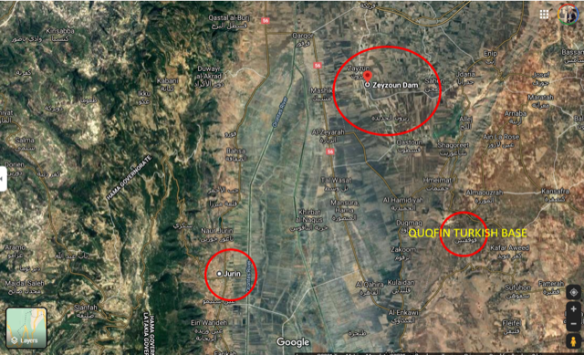 Map showing the proximity of the Turkish military base in Quqfin to Jurin.