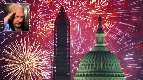 FILE PHOTO. Fourth of July, US Independence Day fireworks are seed over the US Capitol and National Monument in Washington, DC. © AFP / PAUL J. RICHARDS; (inset) Julian Assange. © AFP / DANIEL LEAL-OLIVAS