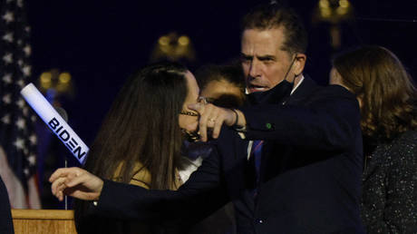 File photo: Hunter Biden gestures at his father's post-election rally in Wilmington, Delaware, November 7, 2020.