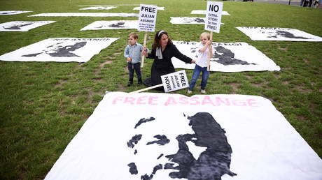 Stella Morris, partner of Wikileaks founder Julian Assange, joins a picnic protest with her children, Max and Gabriel, to mark Assange's 50th Birthday, on Parliament Square in London on July 3. © Reuters / Henry Nicholls