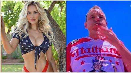 Golf social media favorite Paige Spiranac gave her take on hot-dog eating as Joey Chestnut broke the world record. © Instagram @_paige.renee / Twitter