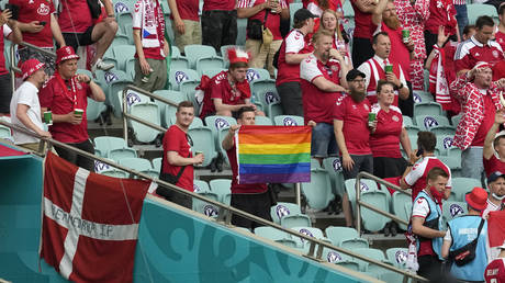 A Denmark fan was spotted holding an LGBT flag in Baku. © AFP