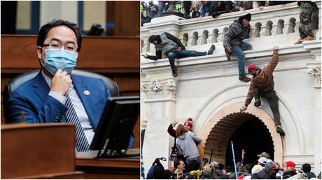 FILE PHOTOS: (L) New Jersey Democrat Andy Kim attends a briefing at the US Capitol; (R) A scene from the riot at the Capitol on January 6, 2021.