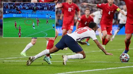 &lsquo;Robbed Denmark blind&rsquo;: Fans RAGE at Sterling for &lsquo;diving&rsquo; for England penalty in Euro win as TWO BALLS seen on pitch in build-up