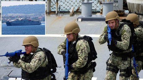 Participants of the first stage of the sea phase of the military exercises 'Sea Breeze-2021'. © Sputnik / Igor Maslov; (inset) USNS Yuma © Murat Yuksel/Anadolu Agency via Getty Images