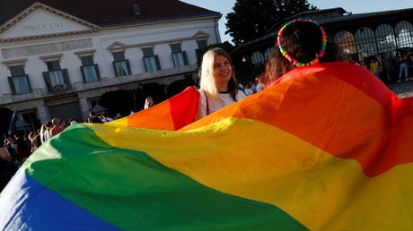 FILE PHOTO: Demonstrators attend a protest against a law that bans LGBTQ content in schools and media. Budapest, Hungary, June 16, 2021.