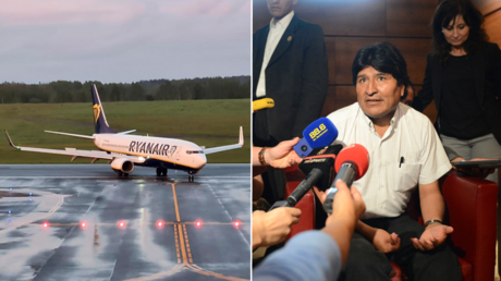 (L) A Ryanair aircraft, which was carrying Belarusian journalist Roman Protasevich. © Reuters / ANDRIUS SYTAS; (R) Bolivian President Evo Morales talks to journalists on July 3, 2013 at the airport of Schwechat, near Vienna. © AFP / HELMUT FOHRINGER