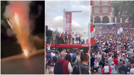&lsquo;Already carnage&rsquo;: England fans mass in London after &lsquo;fireworks let off at Italy hotel&rsquo; ahead of Euro 2020 final (VIDEO)