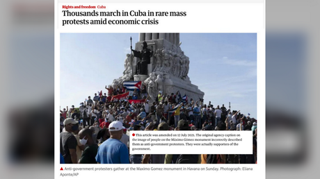 The Guardian and a number of other Western news agencies used erroneously captioned photos of a pro-government protest in Havana, Cuba, presenting it as an opposition rally instead.