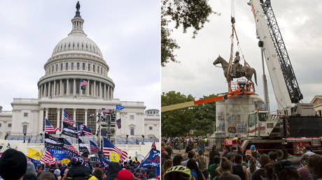 (L) Supporters of US President Donald Trump protest outside the US Capitol on January 6, 2021, in Washington, DC. © ALEX EDELMAN / AFP; (R) People watch as the Stonewall Jackson statue is removed from Monument Avenue in Richmond, Virginia on July 1, 2020. © Ryan M. Kelly / AFP