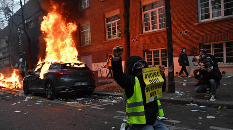 A 'Yellow Vest' anti-government protestor kneels raising his fist as he poses with a sign reading 'Living, Yes! Surviving, No!'. © Anne-Christine POUJOULAT / AFP