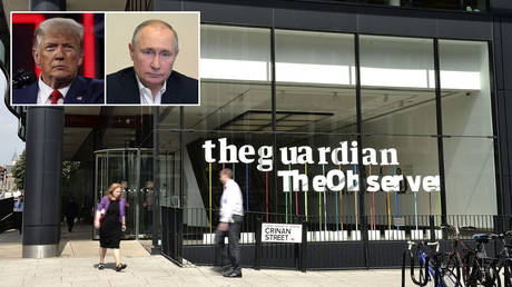 A general view of the Guardian Newspaper offices on August 21, 2013 in London, England. © Bethany Clarke / Getty Images; (inset) Donald Trump © REUTERS / Octavio Jones; Vladimir Putin © Sputnik / Alexei Druzhinin