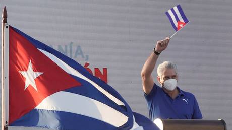 Cuba's President Miguel Diaz-Canel delivers a speech during a rally in Havana