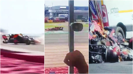 Max Verstappen crashed at the F1 British Grand Prix © Twitter / f1sheesh | © Twitter / TheMusicalBox48 | © Twitter / jamesr02_