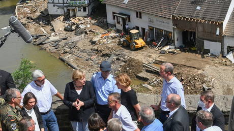 German Chancellor Angela Merkel visits the flood-ravaged areas in the Rhineland-Palatinate state, Germany, on July 18, 2021.