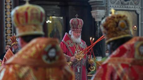 Patriarch Kirill of Moscow of All Russia during the Divine Liturgy at the Cathedral of Christ the Savior in Moscow.