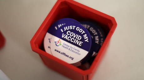 Stickers that are given to people who have been vaccinated against the coronavirus disease (COVID-19) are pictured in Los Angeles, California, US, April 12, 2021.