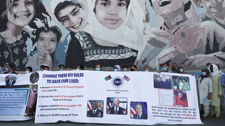 Former interpreters for US troops in Afghanistan protest outside the US embassy in Kabul, June 25, 2021.