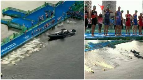 There were shambolic scenes at the start of the men's Olympic triathlon race in Tokyo. © Twitter