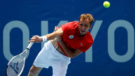 Tokyo, Japan - July 28, 2021. Daniil Medvedev of the Russian Olympic Committee in action during his third round match against Fabio Fognini of Italy
