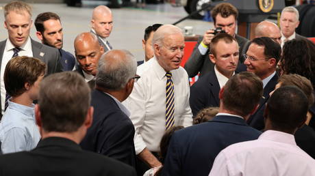 US President Joe Biden mingles with the crowd at the Mack-Lehigh Valley Operations manufacturing facility in Macungie, Pensylvania, July 28, 2021.