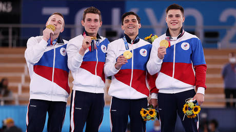 ROC quartet of David Belyavskiy, Denis Abliazin, Artur Dalaloyan and Nikita Nagornyy tearfully celebrate their gold medal at Tokyo 2020 - Reuters