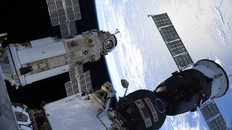The Nauka Multipurpose Laboratory Module is seen docked to the International Space Station next to Soyuz MS-18 spacecraft on July 29, 2021.