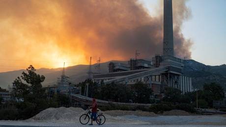 Forest fire close to the Kemerkoy Thermal Power Plant, at Oren in Milas, northen Turkey on August 4, 2021. © AFP / Yasin AKGUL