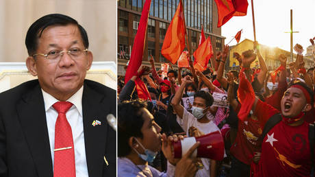 (L) Min Aung Hline © Wikipedia; (R) Protesters shout slogans while carrying red flags on February 07, 2021 in downtown Yangon, Myanmar. © Getty Images/Getty Images