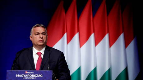 Hungarian Prime Minister is shown speaking at a business conference earlier this year in Budapest.