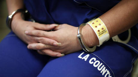 A woman sits handcuffed after arriving at the Los Angeles County women's jail in Lynwood, California April 26, 2013.