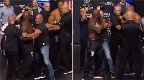 Dana White had to hold back Derrick Lewis at his staredown with Ciryl Gane before UFC 265. © Twitter @ufc