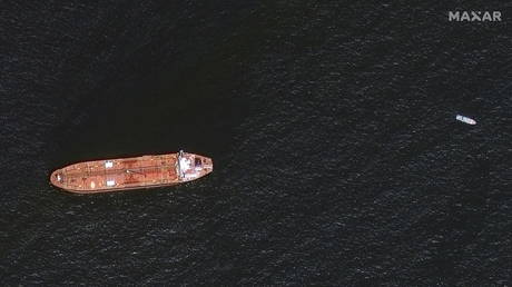 A satellite image shows the damaged Mercer Street Tanker moored off the coast of Fujairah, United Arab Emirates, August 4, 2021.