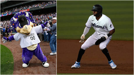 (L) Colorado Rockies mascot 'Dinger' poses for a photo at a MLB game in Denver, Colorado; (R) Miami Marlins player Lewis Brinson is seen during a game in Miami, Florida.