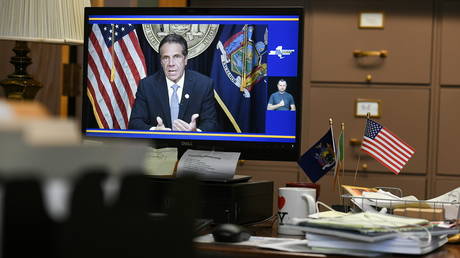 The view from a New York state legislator's office in Albany as Governor Andrew Cuomo announces his resignation, August 10, 2021.