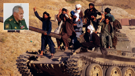 FILE PHOTO. Taliban soldiers ride on tank outside Kabul, Afghanistan. © Getty Images / Per-Anders Pettersson; (inset) Russian Defence Minister Sergei Shoigu. © Sputnik