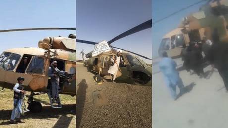 Unconfirmed footage appears to show the Taliban militants inspecting multiple helicopters abandoned by the Afghan military.