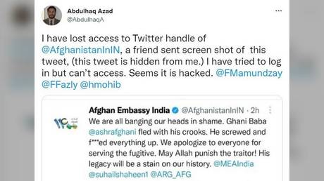 &lsquo;Hacked&rsquo; account of Afghan embassy in India denounces self-exiled &lsquo;traitor&rsquo; president in unprintable tweet