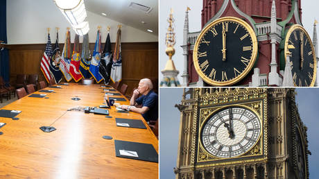 Biden&rsquo;s meeting room clocks show incorrect time difference between London and Moscow, puzzling Twitter users