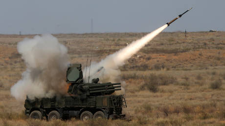 FILE PHOTO: A Russian Pantsir-S surface-to-air missile defense system fires a munition at the Ashuluk shooting range outside Astrakhan, Russia.