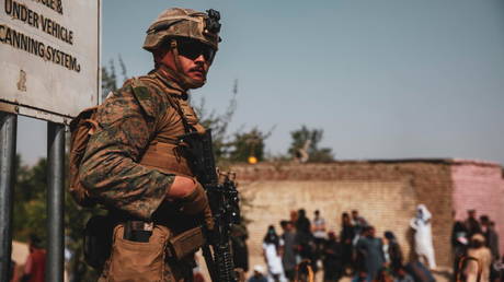 A Marine at Hamid Karzai International Airport, Kabul, Afghanistan on August 18, 2021