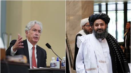 A collage of CIA Director William Burns (L) and Taliban leader Abdul Ghani Baradar (R). © Al Drago/Reuters (L); Evgenia Novozhenina/Reuters (R)