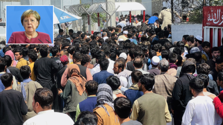 Thousands of Afghans rush to the Hamid Karzai International Airport in Kabul, Afghanistan, on August 16, 2021. © Getty Images / Haroon Sabawoon; (inset) Angela Merkel. © Reuters / John Macdougall