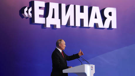 Russian President Vladimir Putin at the XX Congress of the All-Russian political party "United Russia", August 24, 2021. © RIA