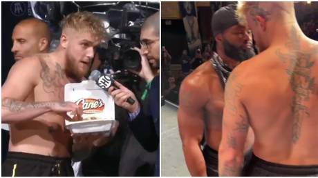 Jake Paul taunts Tyron Woodley with fried chicken, almost sparks brawl after failed weigh-in &lsquo;gotcha hat&rsquo; attempt (VIDEO)