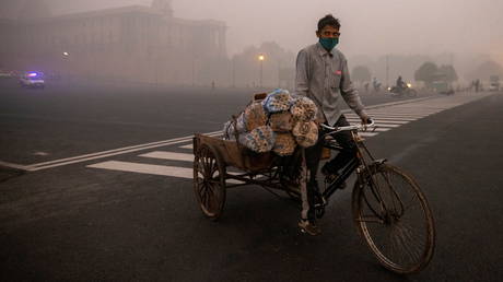 A man transports goods on his cycle cart near the Indian parliament on a smoggy morning in New Delhi. © Reuters / Danish Siddiqui