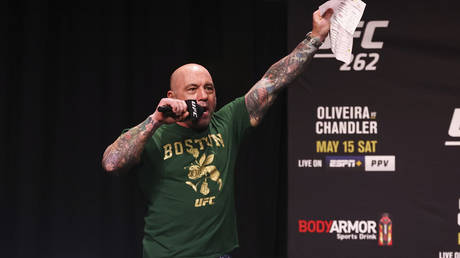 Joe Rogan during weigh ins for UFC 262 at George R Brown Convention Center in Houston, Texas