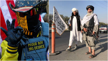 FILE PHOTOS: (L) A member of the Proud Boys gestures during a rally in Denver, Colorado; (R) Taliban fighters stand outside the Interior Ministry in Kabul, Afghanistan, August 16, 2021.