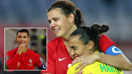 Cristiano Ronaldo (inset) currently has fewer international goals than Christine Sinclair (left) and Marta © Amr Abdallah Dalsh / Reuters | © Pedro Nunes / Reuters