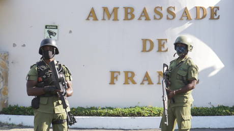 FILE PHOTO: Tanzanian security forces guard an entrance to the French embassy in Dar es Salaam, Tanzania, on August 25, 2021.